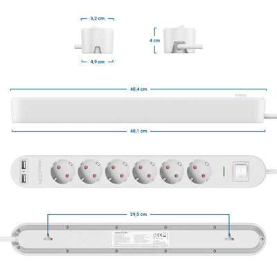 deleyCON 1,5m Listwa Zasilająca 6-Gniazd z USB, 6x Gniazdo z Bolcem Ochronnym, 2x USB-A Port ładowania np. do Telefonu & Tabletu, Ochrona Przeciwprzepięciowa, Wyłącznik ON/OFF, Biała