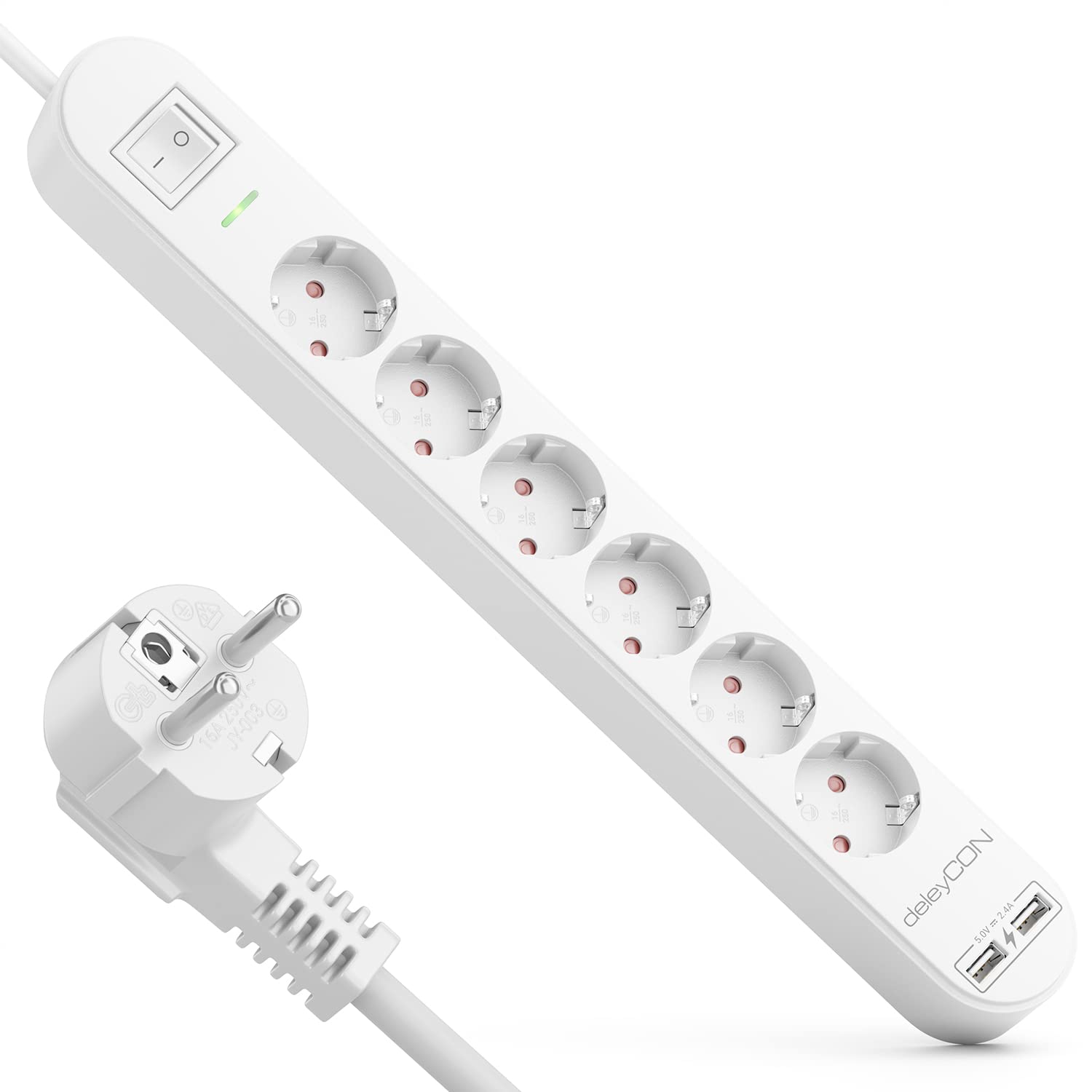 deleyCON 1,5m Listwa Zasilająca 6-Gniazd z USB, 6x Gniazdo z Bolcem Ochronnym, 2x USB-A Port ładowania np. do Telefonu & Tabletu, Ochrona Przeciwprzepięciowa, Wyłącznik ON/OFF, Biała