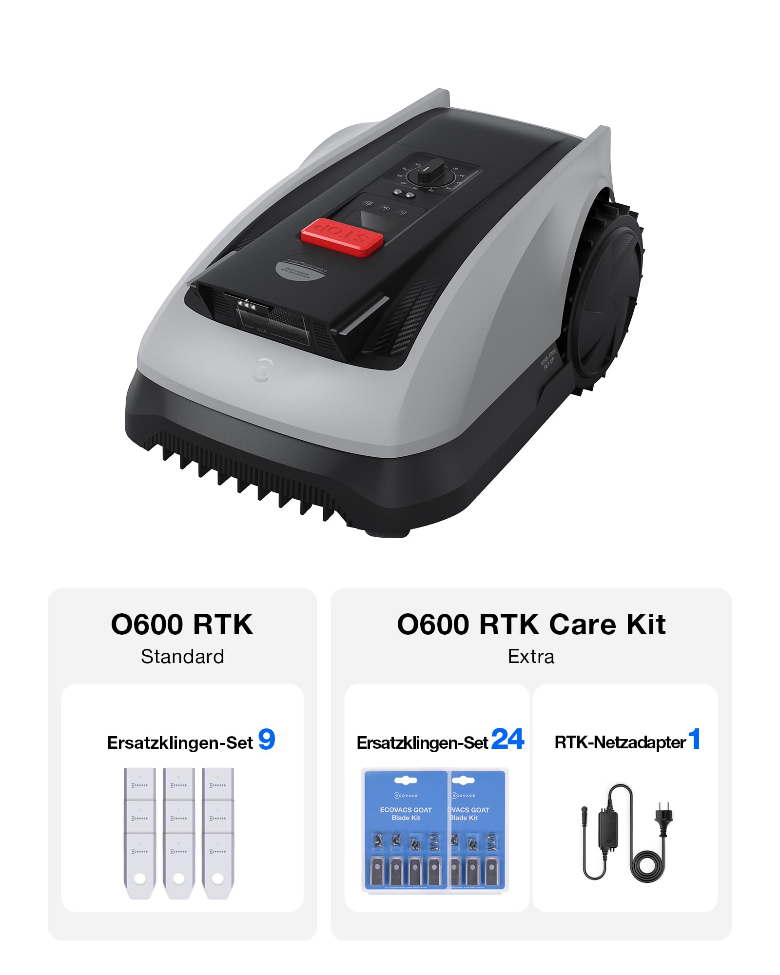 ECOVACS Goat O600 RTK Care Kit Mähroboter Ohne Begrenzungskabel, 600 m², RTK+Vision-Navigation, Rasenmähroboter, KI-Hindernisvermeidung, App Steuerung, Passiert 0,7 M Schmale Stellen