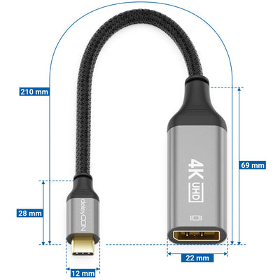 deleyCON 4K USB C do DisplayPort Adapter Kabel 4K@60Hz 2K@165Hz 144Hz 120Hz HDR Thunderbolt 3/4 Konwerter Kompatybilny z S24 S25 iPhone iPad MacBook Tablet Laptop Telefon do Monitora DP