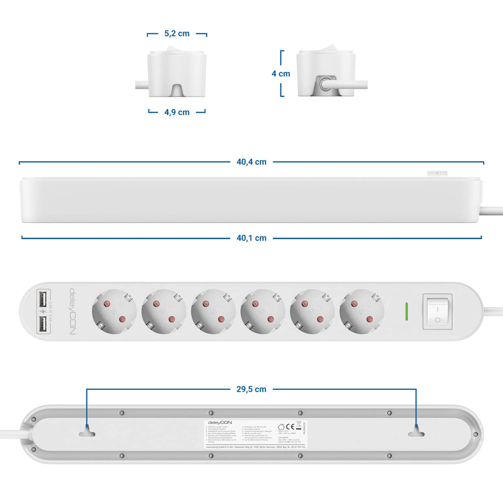 deleyCON 1,5m Listwa Zasilająca 6-Gniazd z USB, 6x Gniazdo z Bolcem Ochronnym, 2x USB-A Port ładowania np. do Telefonu & Tabletu, Ochrona Przeciwprzepięciowa, Wyłącznik ON/OFF, Biała