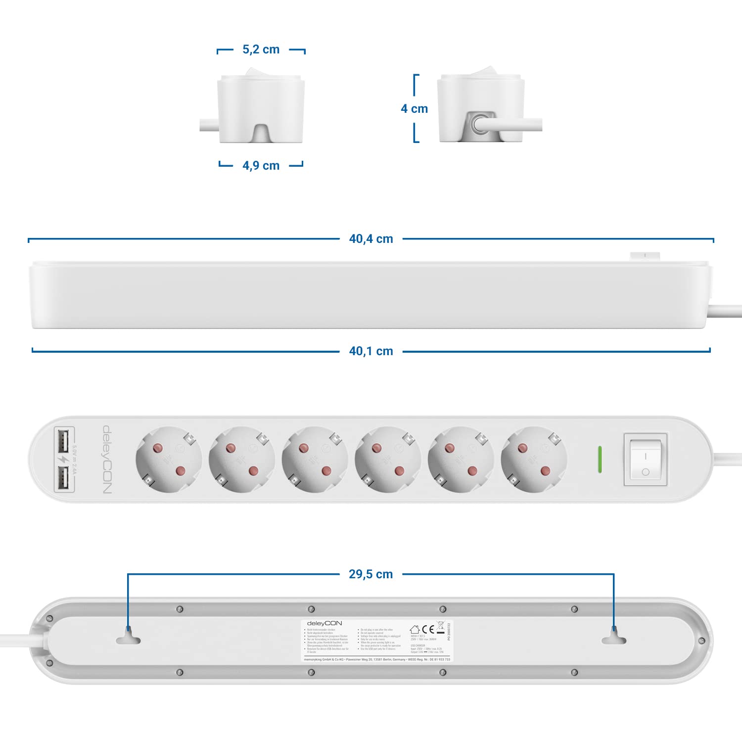 deleyCON 1,5m Listwa Zasilająca 6-Gniazd z USB, 6x Gniazdo z Bolcem Ochronnym, 2x USB-A Port ładowania np. do Telefonu & Tabletu, Ochrona Przeciwprzepięciowa, Wyłącznik ON/OFF, Biała