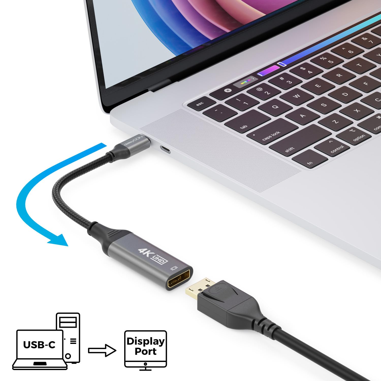 deleyCON 4K USB C do DisplayPort Adapter Kabel 4K@60Hz 2K@165Hz 144Hz 120Hz HDR Thunderbolt 3/4 Konwerter Kompatybilny z S24 S25 iPhone iPad MacBook Tablet Laptop Telefon do Monitora DP