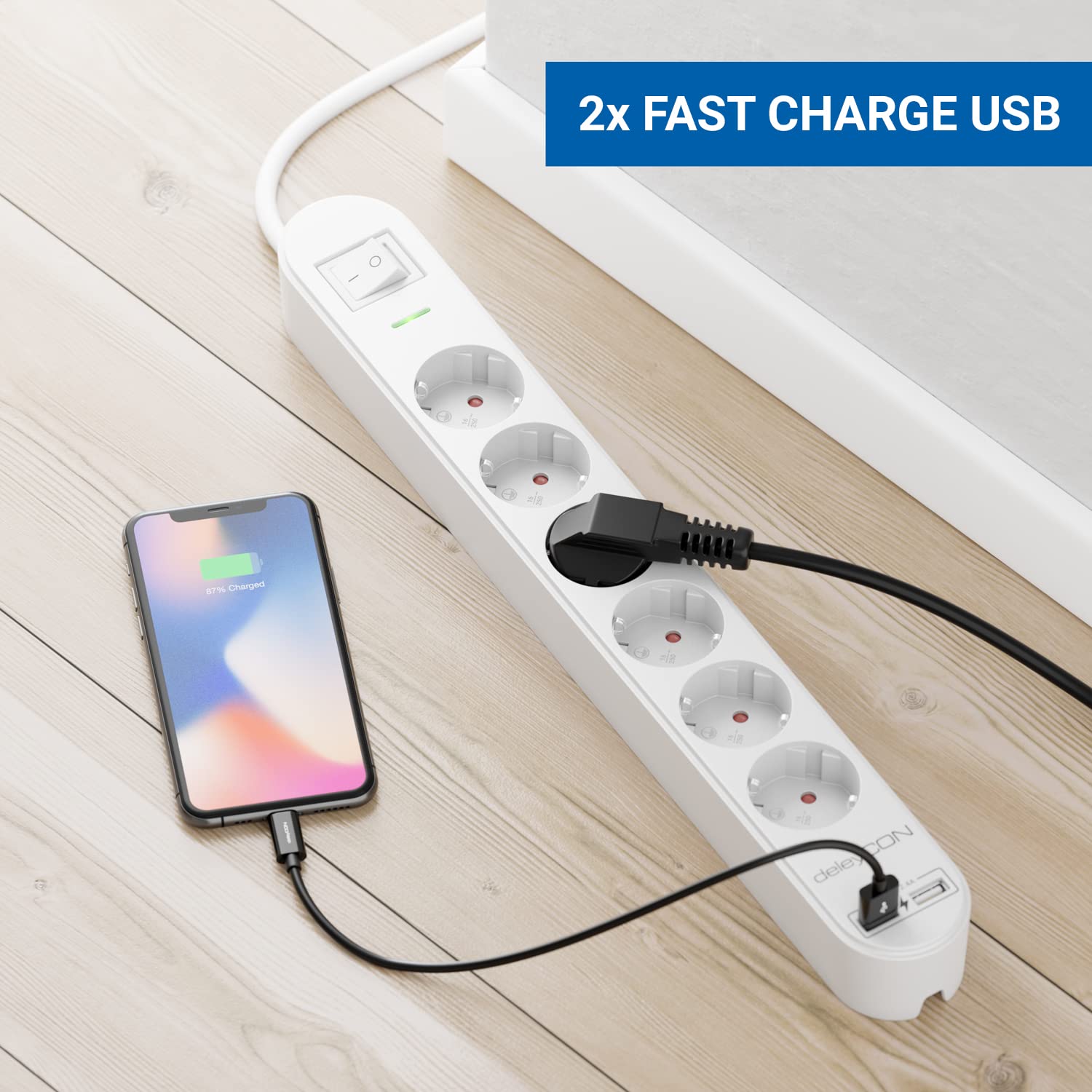 deleyCON 1,5m Listwa Zasilająca 6-Gniazd z USB, 6x Gniazdo z Bolcem Ochronnym, 2x USB-A Port ładowania np. do Telefonu & Tabletu, Ochrona Przeciwprzepięciowa, Wyłącznik ON/OFF, Biała