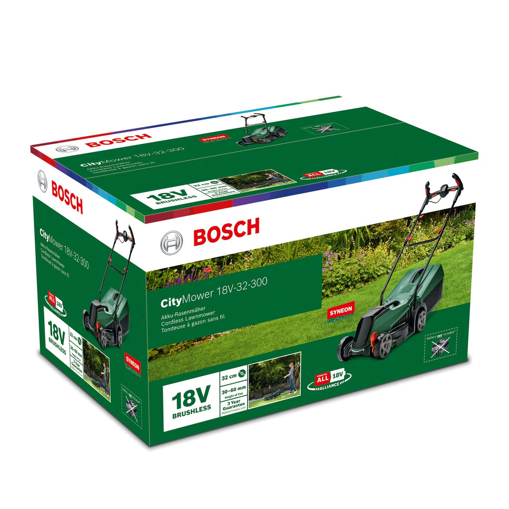 Bosch Akku-Rasenmäher CityMower 18V-32-300 (18 Volt, 1x Akku 4,0 Ah, Schnittbreite: 32 cm, Rasenflächen bis 300 m², im Karton)