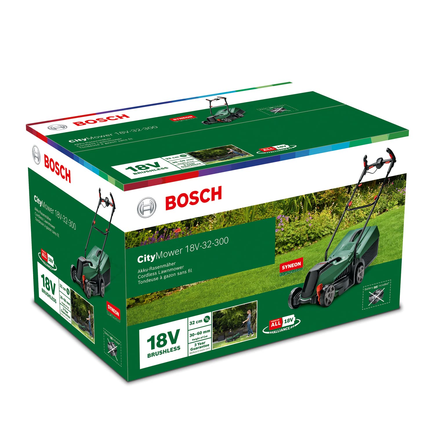 Bosch Akku-Rasenmäher CityMower 18V-32-300 (18 Volt, 1x Akku 4,0 Ah, Schnittbreite: 32 cm, Rasenflächen bis 300 m², im Karton)
