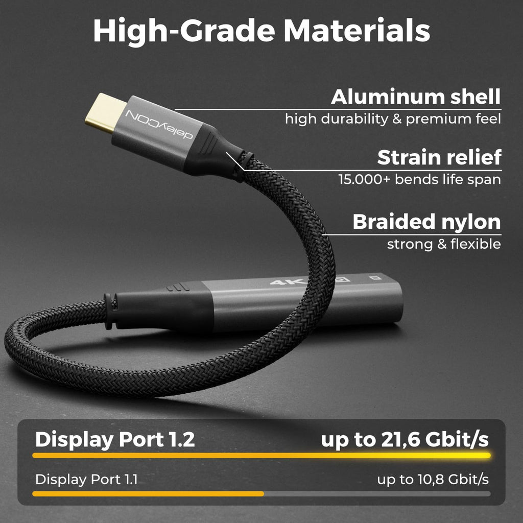 deleyCON 4K USB C do DisplayPort Adapter Kabel 4K@60Hz 2K@165Hz 144Hz 120Hz HDR Thunderbolt 3/4 Konwerter Kompatybilny z S24 S25 iPhone iPad MacBook Tablet Laptop Telefon do Monitora DP