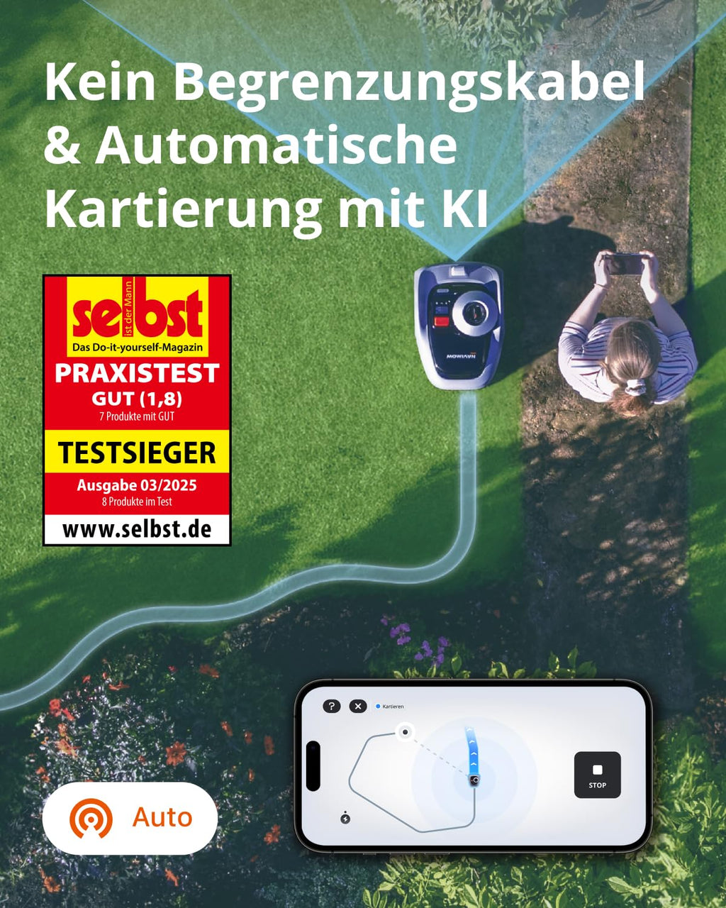 Navimow i105E Mähroboter ohne Begrenzungskabel, Empf. 500 m², Max. 600 m², RTK+Vision Rasenmäher Roboter Testsieger, Igelschutz Rasenroboter, KI Auto Kartierung