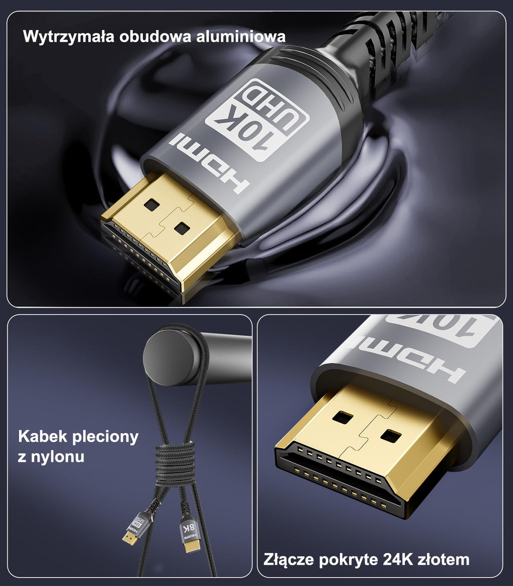 Sniokco 10K 8K 4K Kabel HDMI 2.1 48Gbps 2M Certyfikowany Ultra Wysokiej Prędkości Kabel HDMI® 0.01ms 4K 240Hz 165Hz 120Hz 8K 60Hz eARC Netflix HDCP 2.3 2.2 HDR10+ TV Monitor Projektor Roku X-box