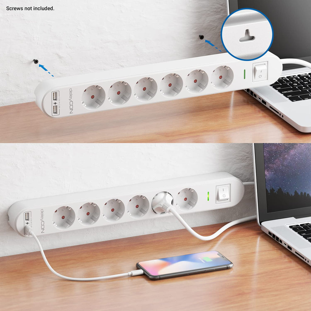 deleyCON 1,5m Listwa Zasilająca 6-Gniazd z USB, 6x Gniazdo z Bolcem Ochronnym, 2x USB-A Port ładowania np. do Telefonu & Tabletu, Ochrona Przeciwprzepięciowa, Wyłącznik ON/OFF, Biała