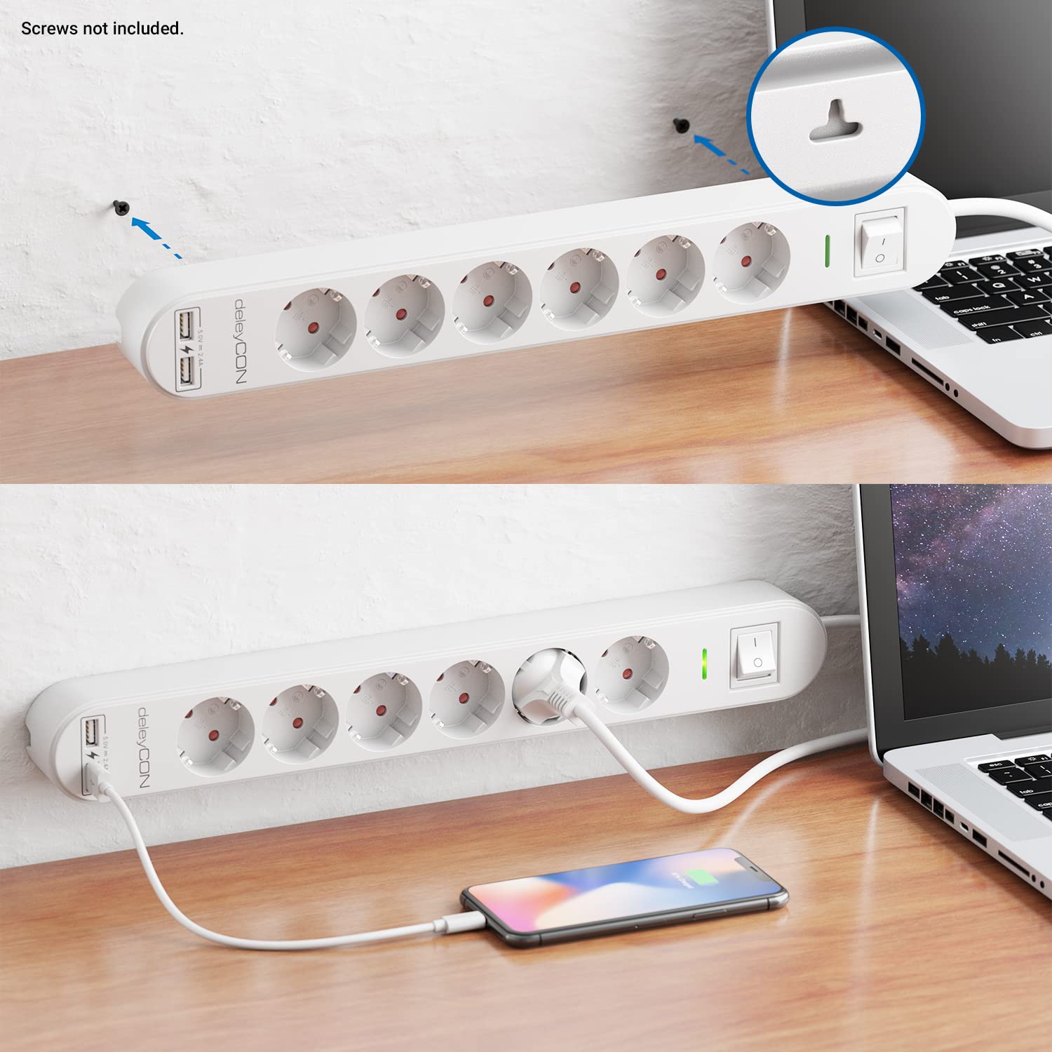 deleyCON 1,5m Listwa Zasilająca 6-Gniazd z USB, 6x Gniazdo z Bolcem Ochronnym, 2x USB-A Port ładowania np. do Telefonu & Tabletu, Ochrona Przeciwprzepięciowa, Wyłącznik ON/OFF, Biała