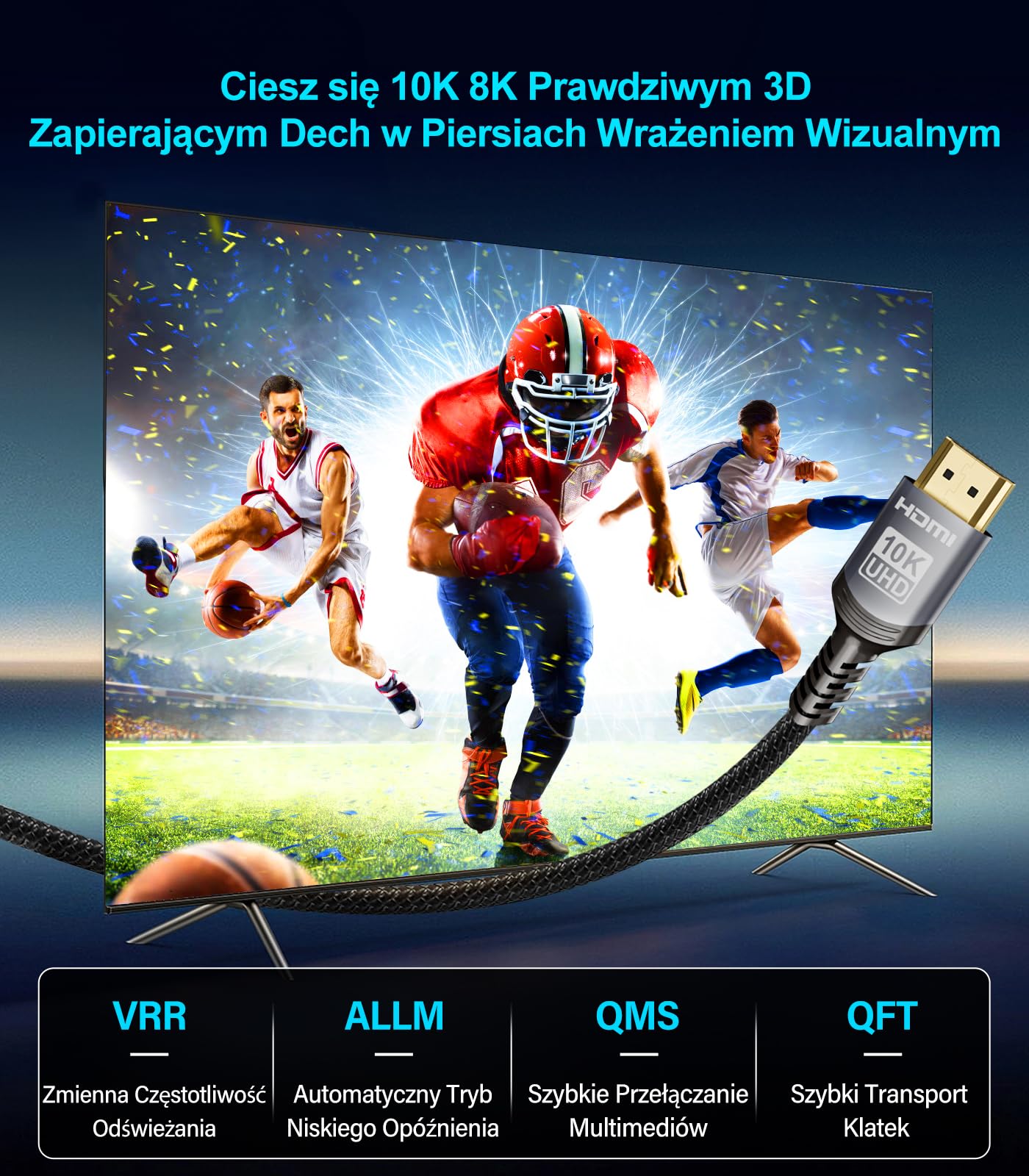 Sniokco 10K 8K 4K Kabel HDMI 2.1 48Gbps 2M Certyfikowany Ultra Wysokiej Prędkości Kabel HDMI® 0.01ms 4K 240Hz 165Hz 120Hz 8K 60Hz eARC Netflix HDCP 2.3 2.2 HDR10+ TV Monitor Projektor Roku X-box