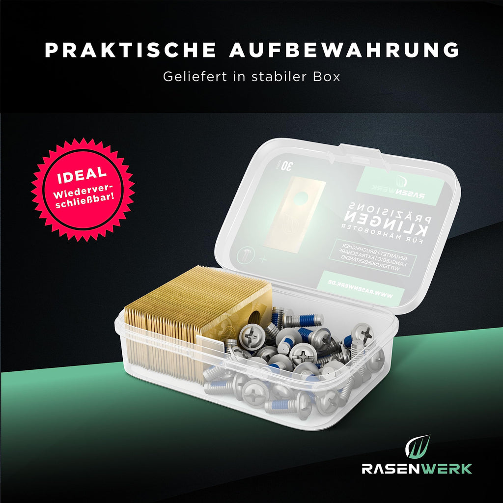 RASENWERK® - Hochwertige Mähroboter Messer mit passenden Schrauben - Universal Ersatzklingen Ersatzmesser für die Marken Worx, LandXcape, Zoef Robot und Einhell – Rasenroboter Messerset – 30 Stück