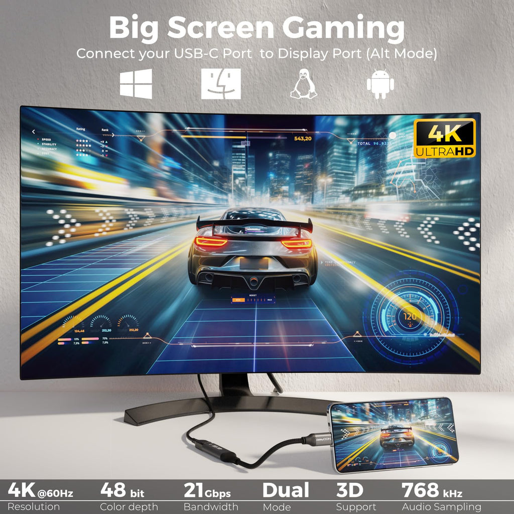 deleyCON 4K USB C do DisplayPort Adapter Kabel 4K@60Hz 2K@165Hz 144Hz 120Hz HDR Thunderbolt 3/4 Konwerter Kompatybilny z S24 S25 iPhone iPad MacBook Tablet Laptop Telefon do Monitora DP