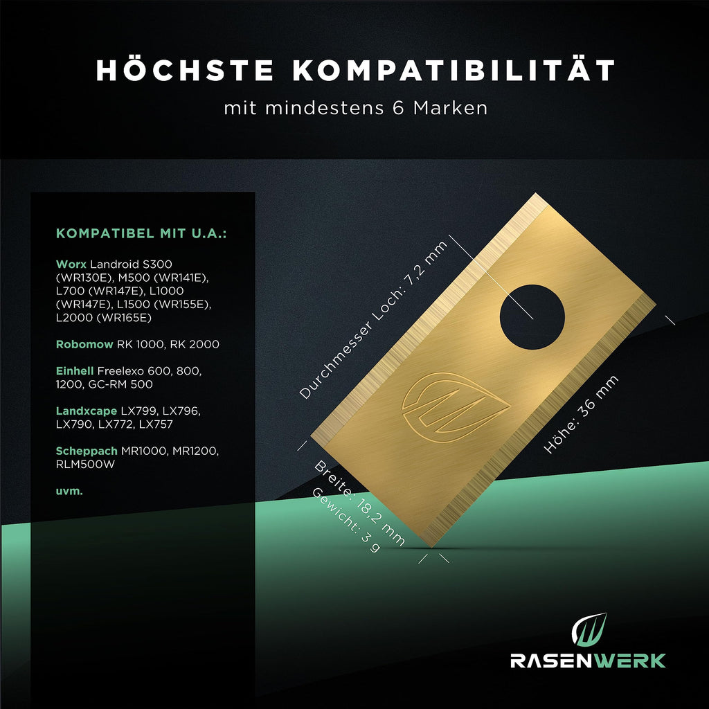 RASENWERK® - Hochwertige Mähroboter Messer mit passenden Schrauben - Universal Ersatzklingen Ersatzmesser für die Marken Worx, LandXcape, Zoef Robot und Einhell – Rasenroboter Messerset – 30 Stück