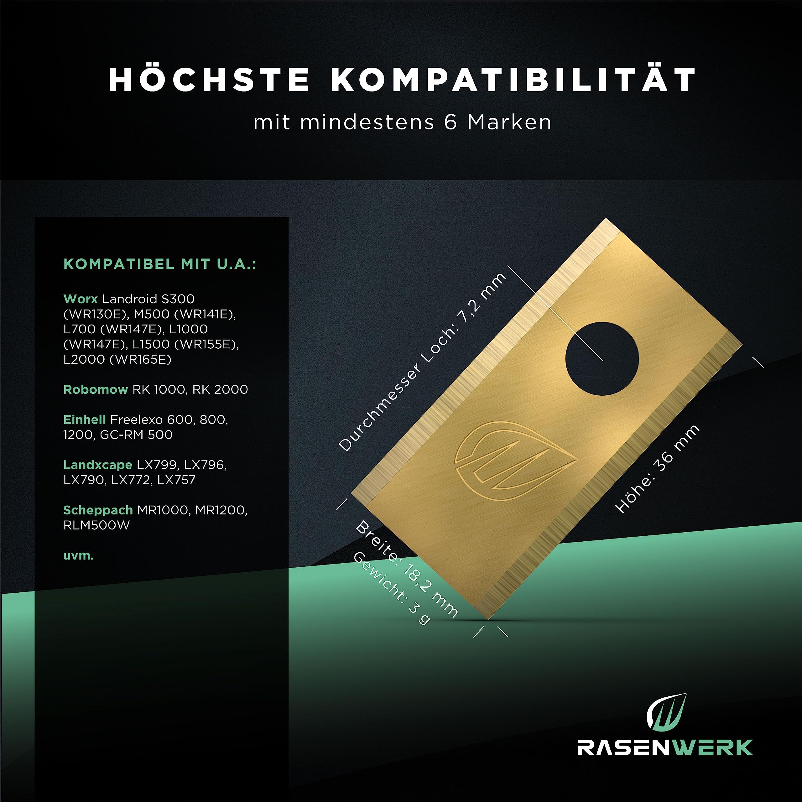 RASENWERK® - Hochwertige Mähroboter Messer mit passenden Schrauben - Universal Ersatzklingen Ersatzmesser für die Marken Worx, LandXcape, Zoef Robot und Einhell – Rasenroboter Messerset – 30 Stück