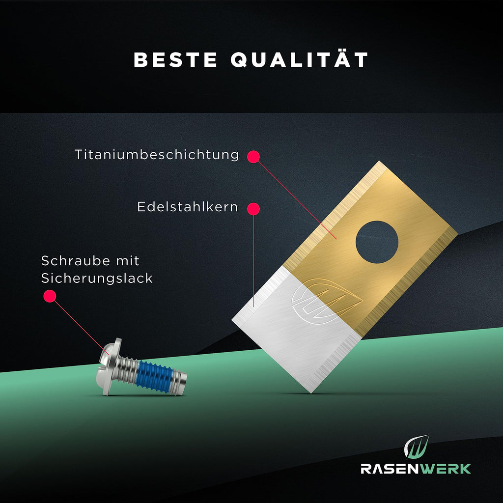 RASENWERK® - Hochwertige Mähroboter Messer mit passenden Schrauben - Universal Ersatzklingen Ersatzmesser für die Marken Worx, LandXcape, Zoef Robot und Einhell – Rasenroboter Messerset – 30 Stück