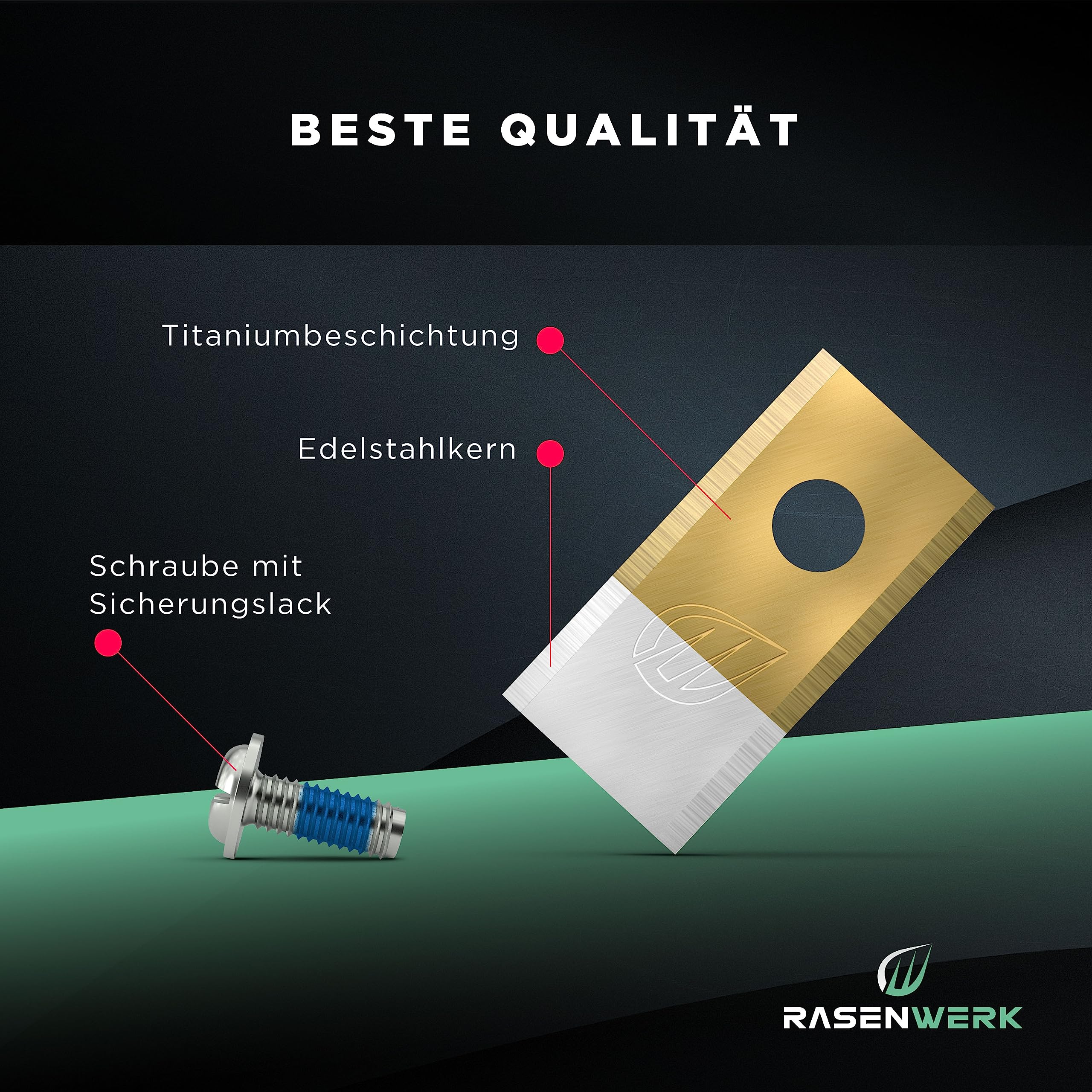 RASENWERK® - Hochwertige Mähroboter Messer mit passenden Schrauben - Universal Ersatzklingen Ersatzmesser für die Marken Worx, LandXcape, Zoef Robot und Einhell – Rasenroboter Messerset – 30 Stück